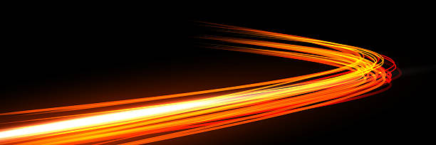 istock Light speed trail. Curved glowing orange and yellow wave on black background. Dynamic energy lines with motion blur and bright central beam. Futuristic abstract vector illustration 2240651071