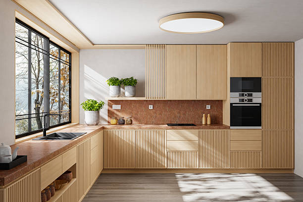 istock Scandinavian Country Kitchen with Pine Wood Cabinets and Open Layout 2240651080