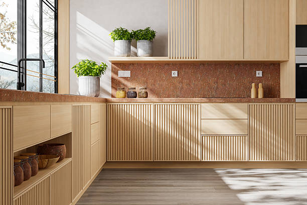 istock Scandinavian Country Kitchen with Pine Wood Cabinets and Open Layout 2240651104