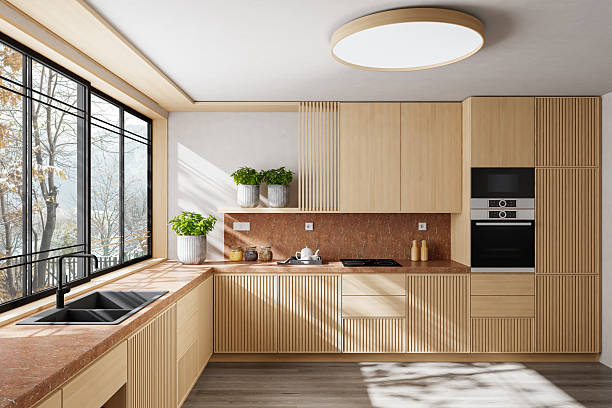istock Scandinavian Country Kitchen with Pine Wood Cabinets and Open Layout 2240651183