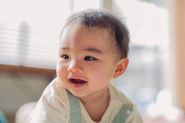 istock Adorable Asian baby girl in casual clothes laughs joyfully while practicing crawling and taking her first steps on a wooden floor and soft carpet in the cozy living room, smiling brightly with curiosity and excitement as she learns to stand and walk 2240670043