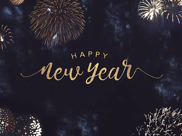 istock Happy New Year Holiday Text with Gold Fireworks in Night Sky 2240676452