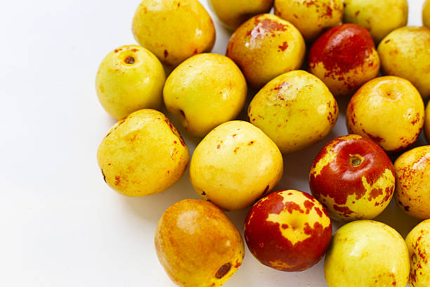 Close up of one date palm full of ripe fruit against white wall, Oman.