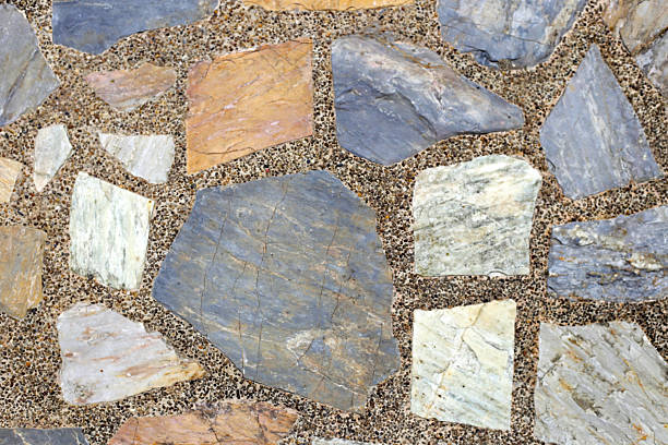 Decorative stone pavement with irregularly shaped natural rocks set in concrete.