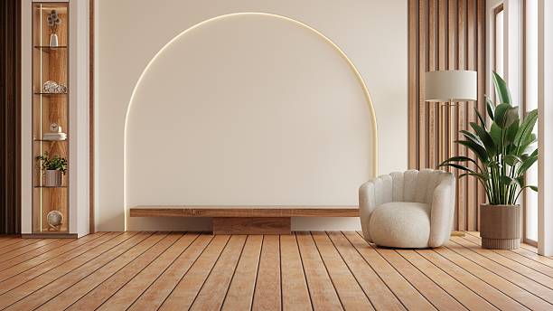 istock Warm minimalist living room interior with empty vertical wooden frame mockup, soft natural light, cozy grey sofa, and Japandi style furniture for home decor background- 3D rendering 2240680886