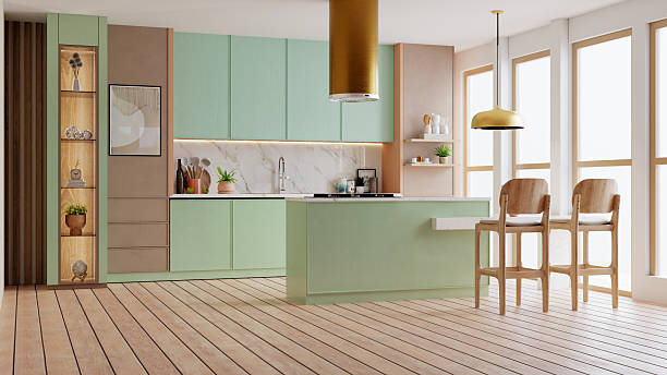 istock Modern kitchen interior design featuring pastel mint green cabinets, light brown walls, a marble backsplash, and a large central island with wooden bar stools- 3D rendering 2240680898