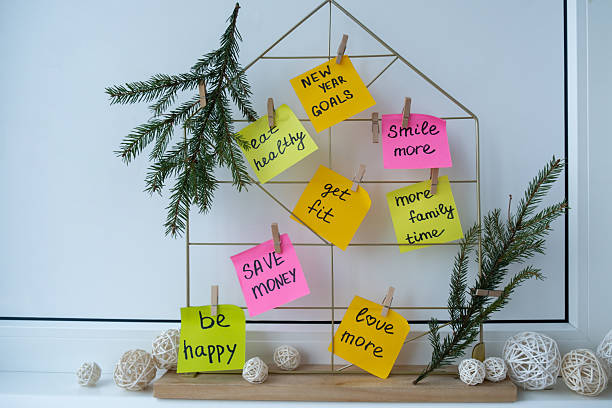 istock Action board new year's resolutions on colorful sticky notes. Making promises for new year, setting goals. Dream year 2240681220
