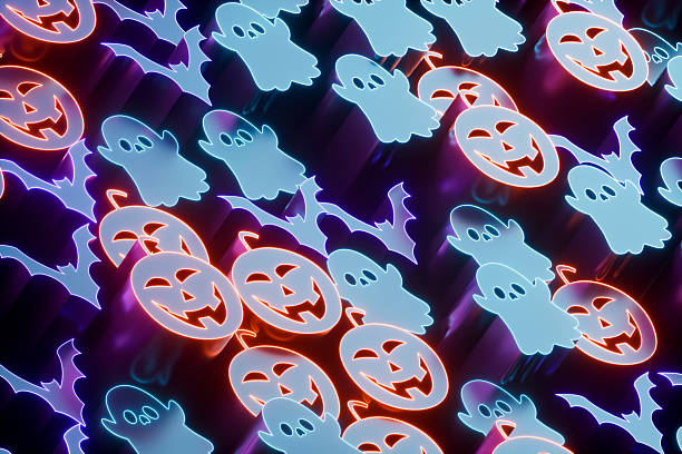 Halloween Pumpkin, Bat and Ghost Shapes with Neon Outlines. Digitally generated image. 3d render.