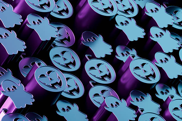 Halloween Pumpkin and Ghost Shapes with Neon Lighting. Digitally generated image. 3d render.