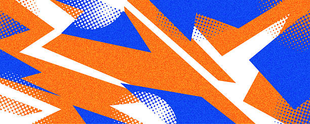 stockillustraties, clipart, cartoons en iconen met abstract background with dynamic blue and orange shapes, halftone style and texture effect. template for sport or event banner and poster design - sport