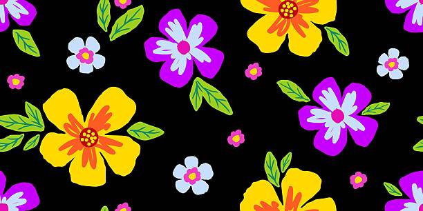 istock Bright floral vector seamless pattern. Yellow, purple flowers, green leaves on a black background. For fabric prints, textile products, clothing. 2240691128