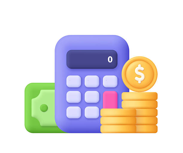 istock Purple calculator with golden coin stack and green dollar banknote. Banking, business, investment, financial planning, savings and money management concept. 3d vector icon. Cartoon minimal style. 2240692957