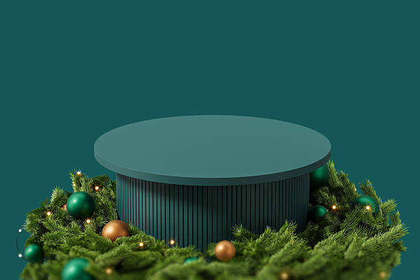 Christmas-themed round podium surrounded by pine branches and ornaments on green background for festive product display or holiday concept template. 3D Rendering