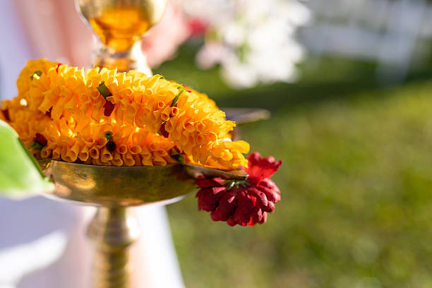 South Indian Hindu wedding ceremony. Traditional Hindu lamp used in rituals and prayers, symbolizing purity, light, and divine energy.