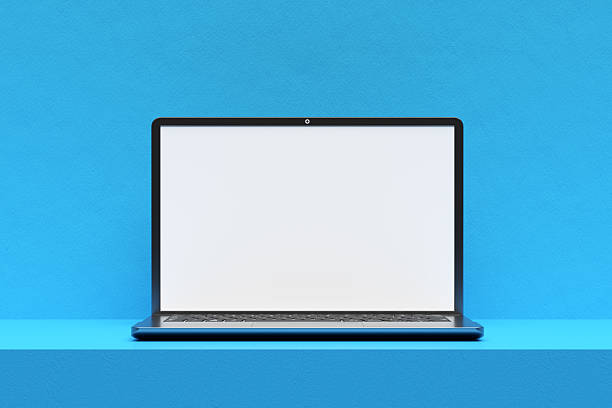istock Modern laptop showing blank screen on blue background 2240696512