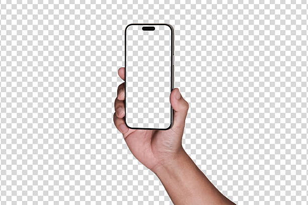 istock Hand holding the black smartphone with blank screen and modern frameless design in rotated perspective positions - isolated transparent background - Clipping Path 2240706948