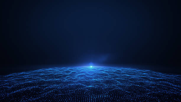 A futuristic digital landscape made of glowing blue particles flowing backward across the surface, with an optical flare pulsing on the horizon. The scene resembles a digital Earth form, representing energy flow, data transmission, and technological connectivity. Perfect for sci-fi, AI, and innovation visuals.