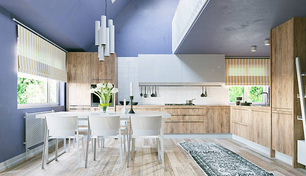 istock Modern kitchen and dining room interior with periwinkle blue walls. Contemporary home decor with light wood cabinets and white furniture. 3d rendering real estate background 2240710717