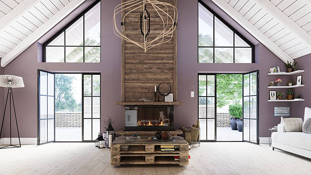 istock 3d rendering interior of a modern rustic living room with a fireplace. Spacious home with a high vaulted ceiling and pallet furniture. Cozy scandinavian style home decor 2240710727