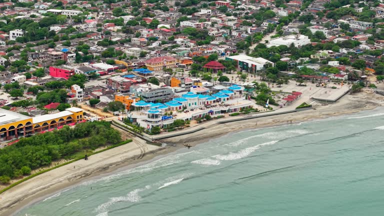 Drone footage showcasing the coastline, buildings, and caribbean sea in puerto colombia, atlantico