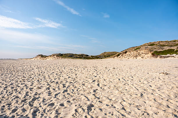 istock A bright sandy coast extends toward grassy dunes under a vivid blue sky. 2240711725