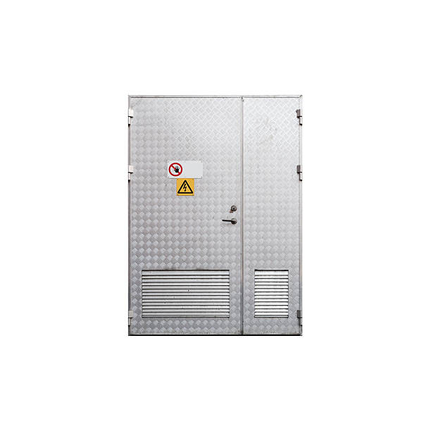 istock Double metal door with High Voltage warning signs isolated on white 2240716984