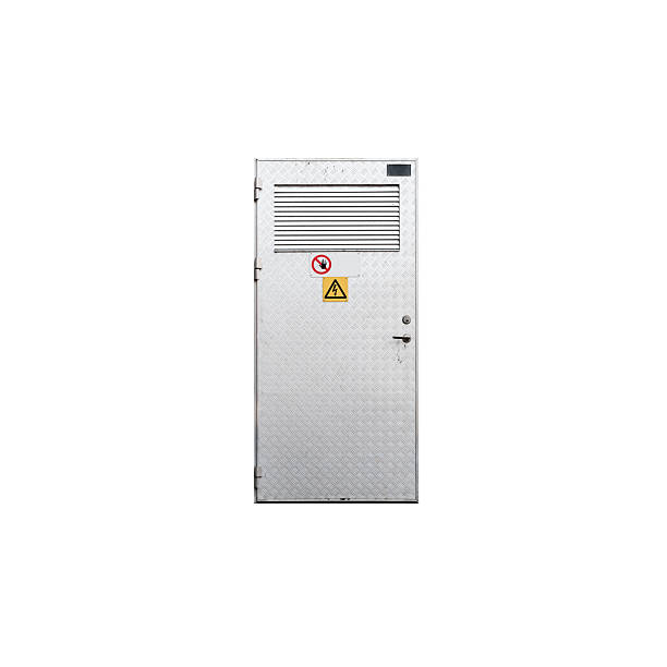 istock Metal door with High Voltage warning signs isolated on white 2240716986