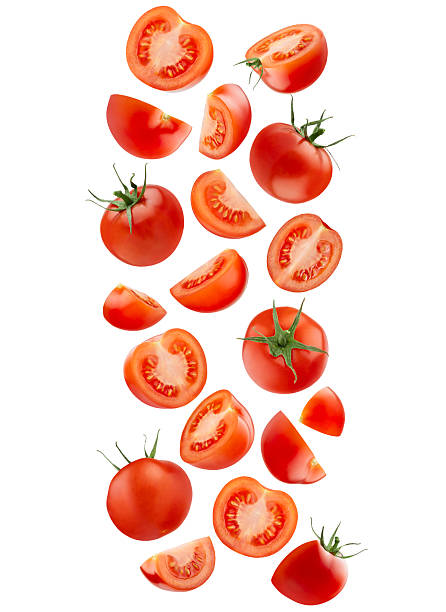 istock Ripe red cherry tomatoes with green stems, whole, half, quarter fall or fly as straight flow, isolated, copy space. Fresh natural organic summer food for salads, detox diets, healthy eating, design. 2240718150