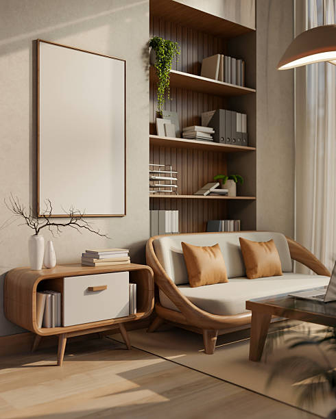 istock Blank frame on wall over table aside sofa and bookshelf on wooden floor in a modern living room 2240719413