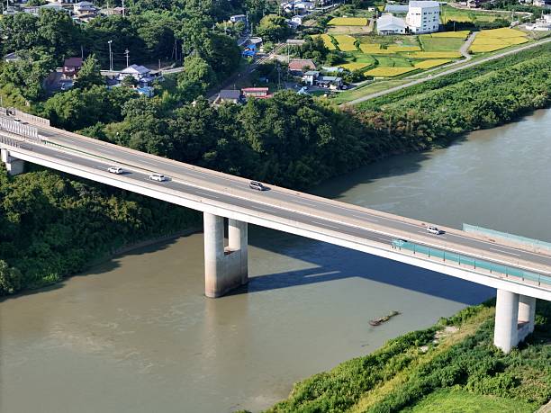 A bridge spans a river with a green bridge on the right