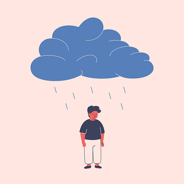 istock Depressed child under rainy clouds. Sad boy suffers from autism, anxious disorder, burnout, emotional pressure or bullying. mental health vector 2240723003