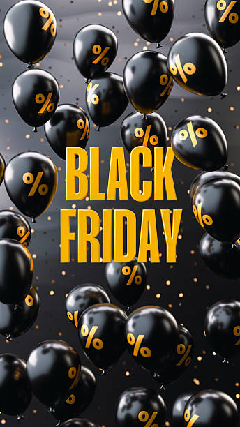 istock Elegant Black Friday social media post design featuring bold yellow text with glossy black balloons decorated with gold percentage symbols on a dark background in 3D rendering 2240723468