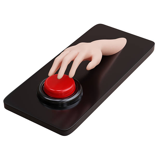 Red button and a hand pushing on a mobile phone isolated on white, Help call, 911 concept, 3d render.