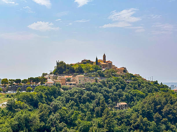View on Castellar village in France during a springtime day. Catellar is a medieval village up in the mountains over Menton overlooking the Mediterranean Sea.