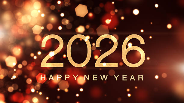 Happy New Year 2026, Red Gold particles fly. Glittering light ray beam background.