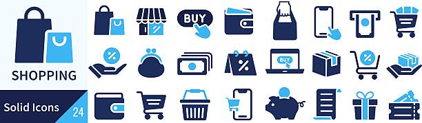 ilustraciones, imágenes clip art, dibujos animados e iconos de stock de conjunto de iconos de silueta vectorial para compras - compras