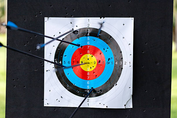 A close-up, full view of a used archery target, heavily peppered with many arrows scattered across the scoring rings, representing a dedicated and intensive training session.