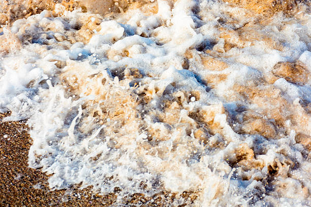 texture of sea foam on the sandy beach. scenic aqua splash. closeup natural abstract background on a sunny day. summer vacation season. frozen moment of salt water meets golden sand and make art mess