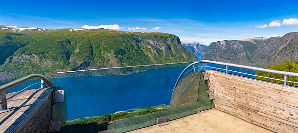 Stegastein lookout on the Aurlandsfjellet scenic route overlooking Aurlandsfjord near Aurland, Norway, with steep mountains and blue sky in summer