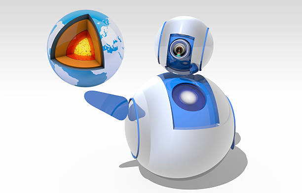 Cute sphere robot depicts turning a virtual world layers in his hand. / You can see the animation movie of this image from my iStock video portfolio. Video number: 1614360546