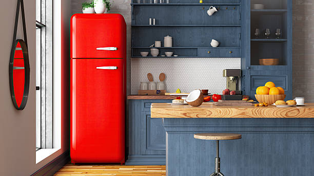 istock Retro Red Refrigerator in a Blue Kitchen with Wooden Countertops 2240762466