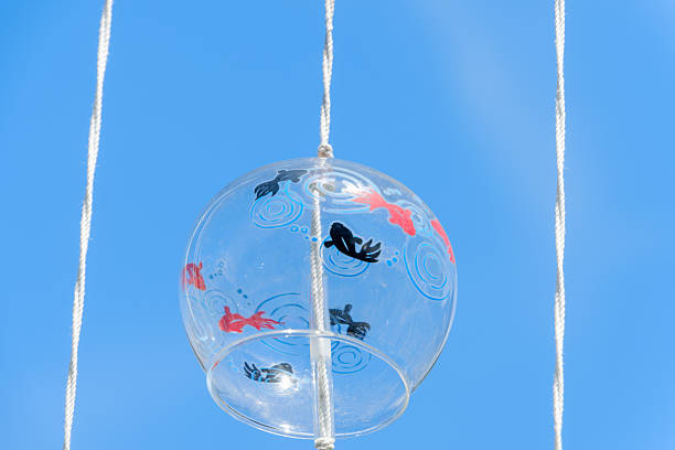 A traditional Japanese glass wind chime decorated with red and black goldfish swaying gently under the clear summer sky.