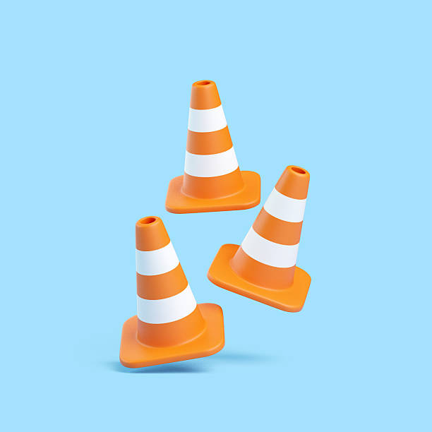 istock Three orange traffic cones with white stripes, 3D render on blue background 2240764972