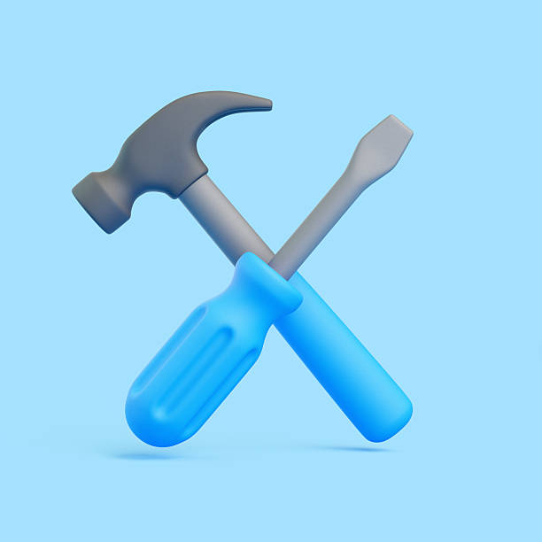 istock 3D Hammer and Screwdriver Crossed on Blue Background 2240764973