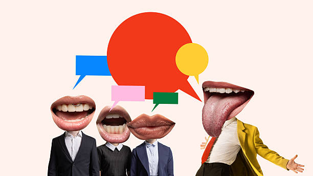 Expressive mouths speaking in colorful speech bubbles collage. Concept of communication, PR discussions, public speaking, creative media visuals for blogs, presentations, and campaigns.