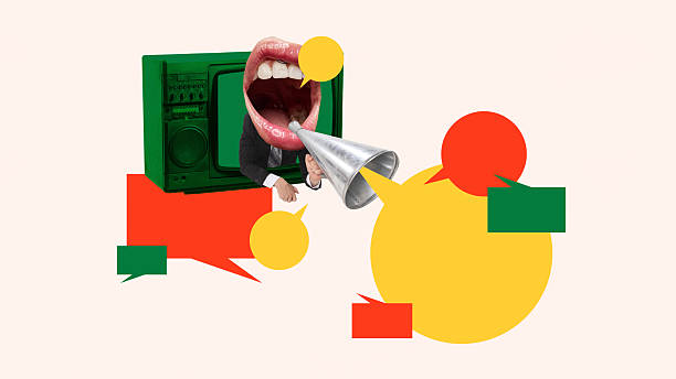 istock Surreal collage art. Mouth shouting through megaphone and colorful speech bubbles 2240767866