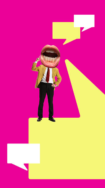 istock Bold colorful poster. Man with open mouth shouting idea through bold speech bubbles 2240767877