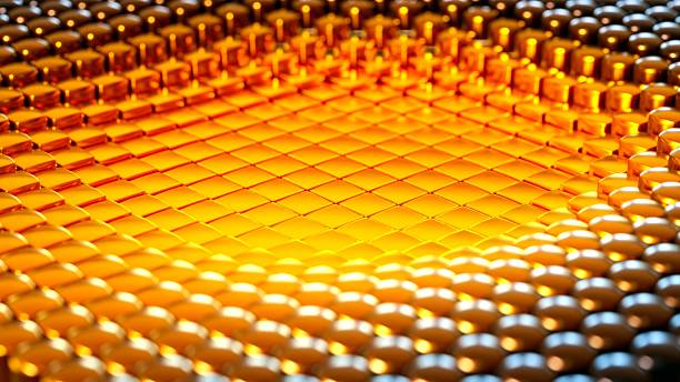 Glowing golden cubes in geometric metallic surface