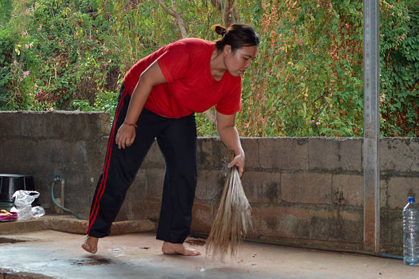 Cleaning the room of dust and pet hair with a broom. Broom, ball of hair, and garbage collection