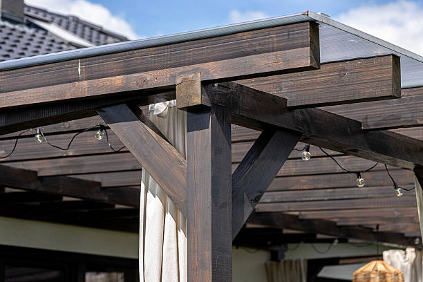 istock Construction of a terrace behind the house with various carpentry joints. 2240774431